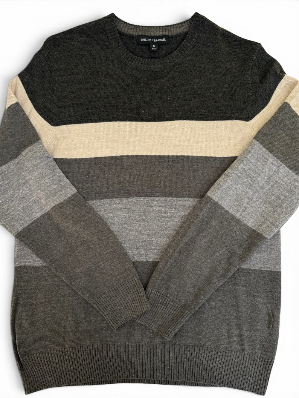 Tricots St. Raphael Gray, Brown & Cream Striped Crewneck Sweater - Picture 2 of 9